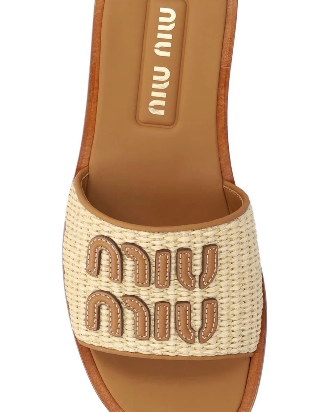 Miu Miu Cream Raffia Slide with Tan Leather Logo